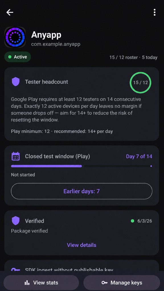 Dozenflow test card with 12×14 headcount, closed test window, and package verification
